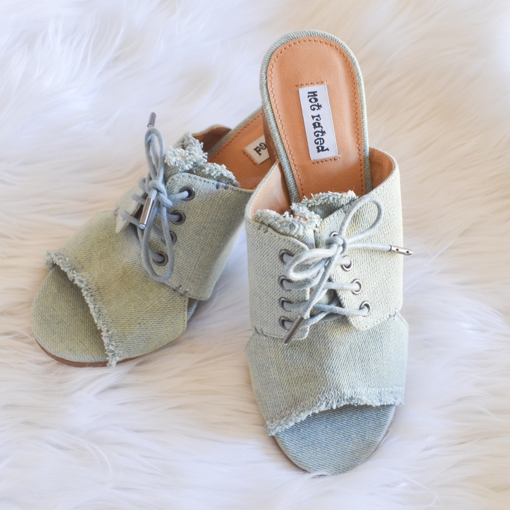 NWOT Not Rated Denim Peep Toe Mules